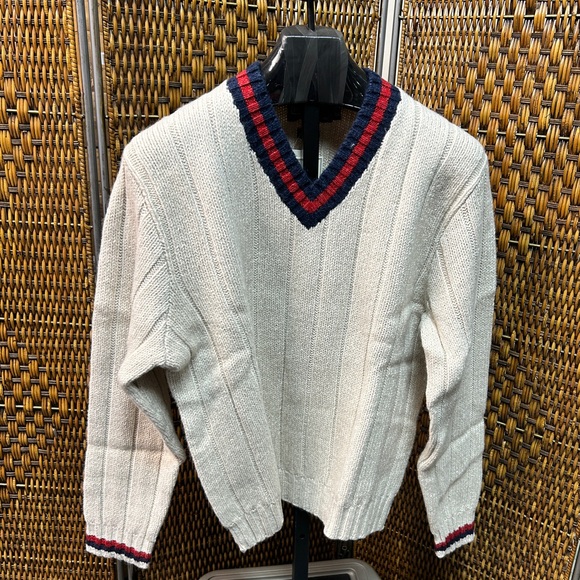 8943 Polo Ralph Lauren Cream V-Neck Sweater with Red and Blue Trim